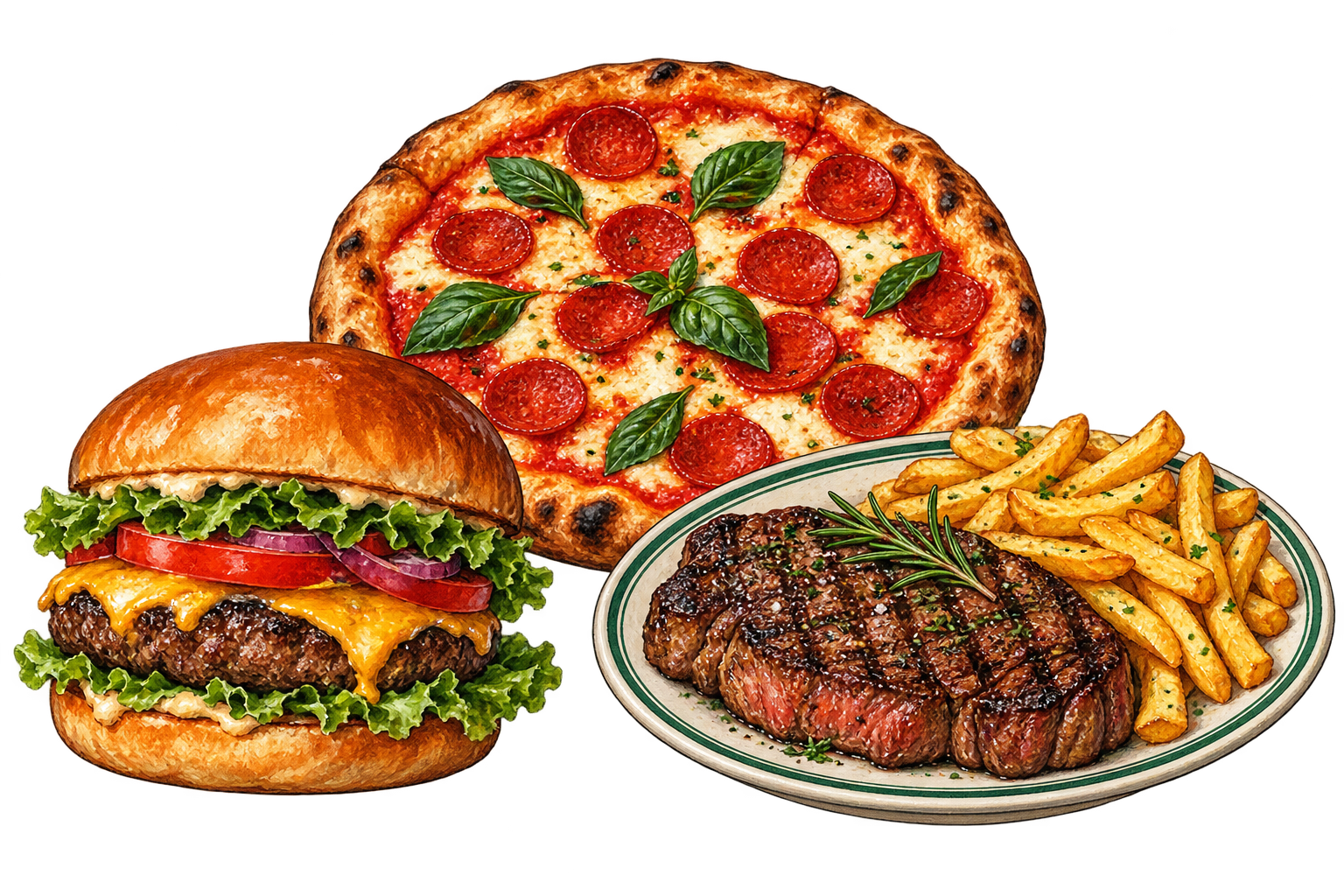 Illustrasjon av pizza, burger og biff
